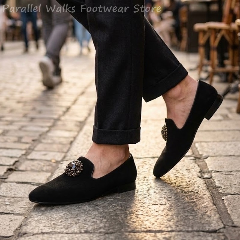Suede Loafers Men - 남성 스웨이드 로퍼 라인스톤 크리스탈 장식