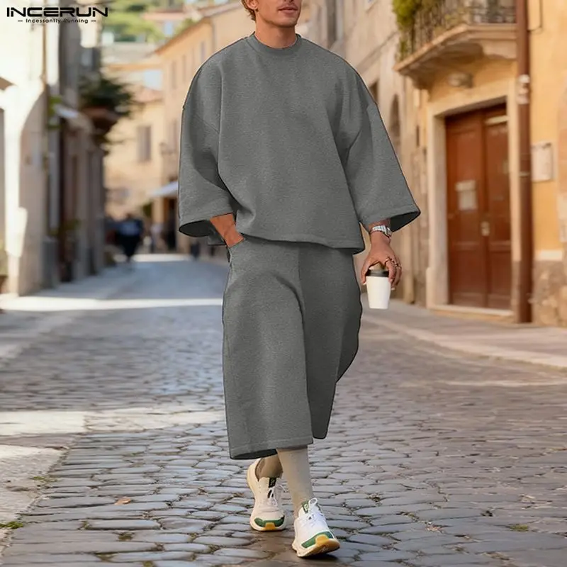 Mens Fashion Streetwear - INCERUN 남성 세트 솔리드 컬러 배기
