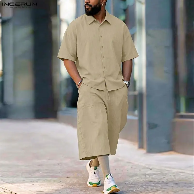 Mens Fashion Streetwear - INCERUN 남성 세트 솔리드 라펠 반팔