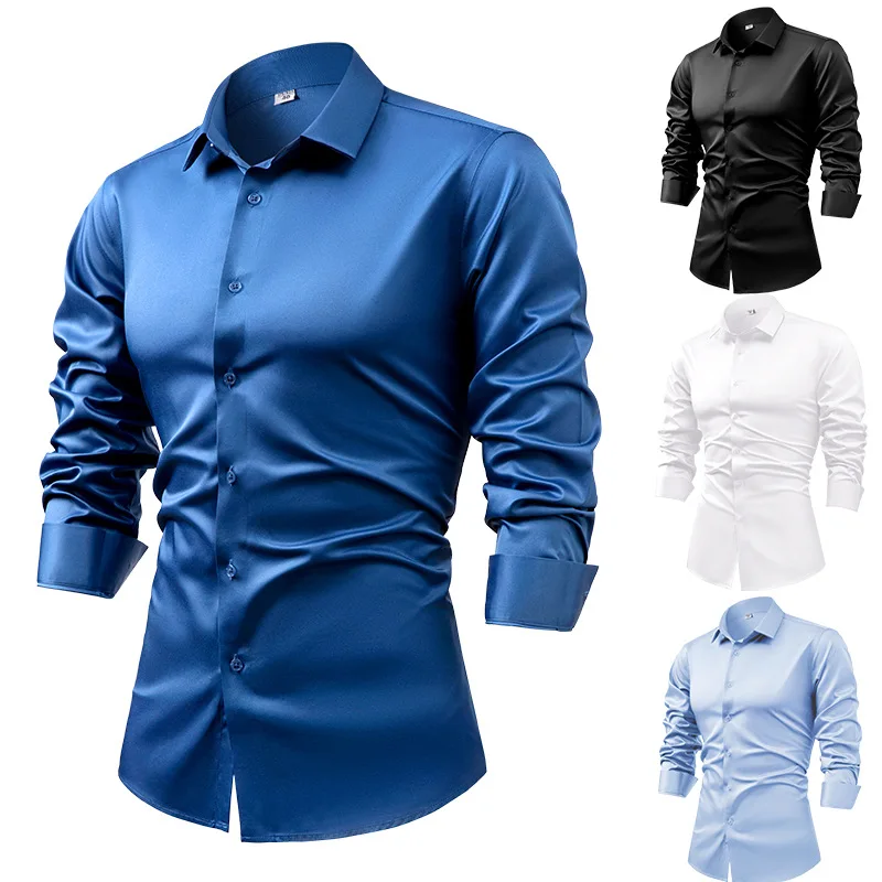 Dress Shirt Non-Iron - 남성용 로얄 블루 실크 새틴 긴팔