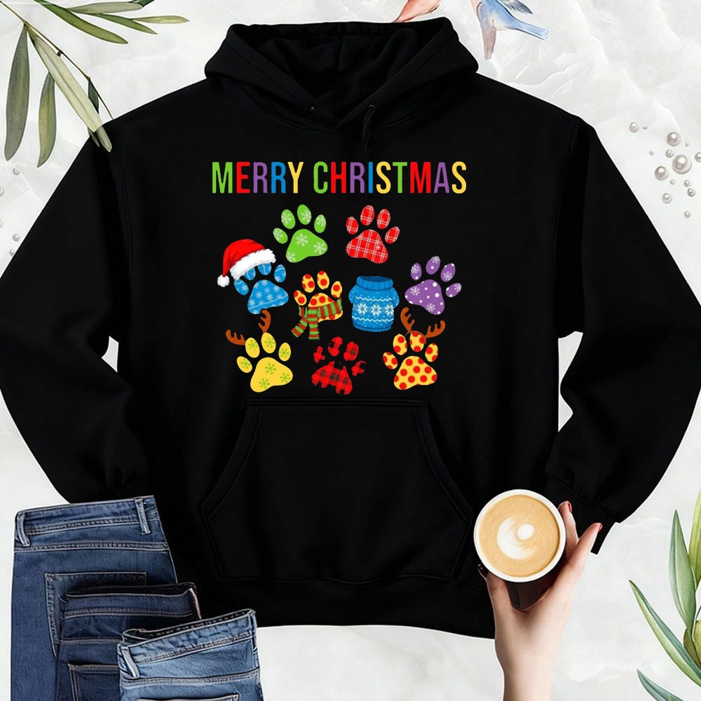 Men'S Fashion Xmas Party - 메리 크리스마스 스웨트셔츠 프린트된 개 발바닥