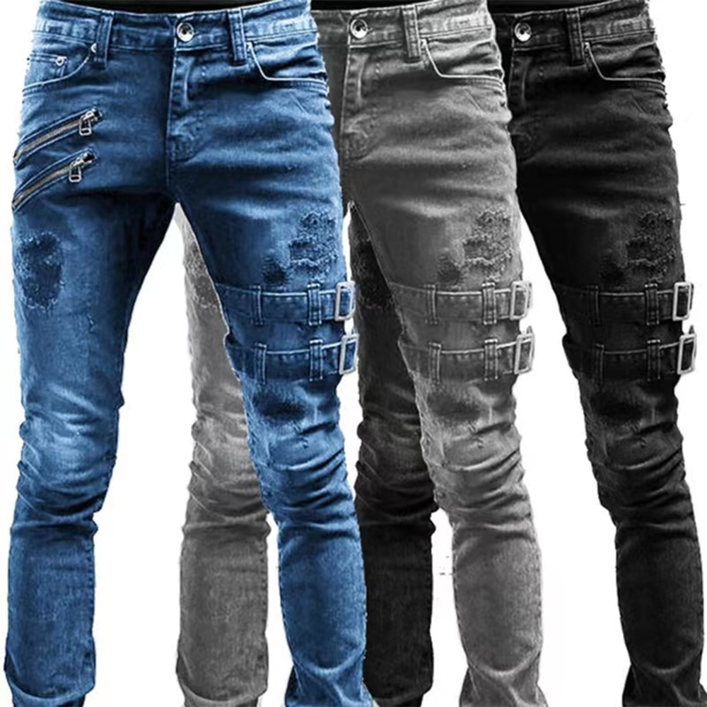 Skinny Jeans Ripped - 레트로 모토 바이커 스트레이트 탄성 청바지