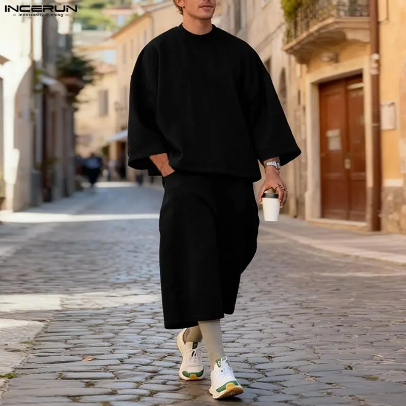 INCERUN 남성 세트 솔리드 컬러 배기 3/4 소매 - Mens Fashion Streetwear 리뷰 및 가격