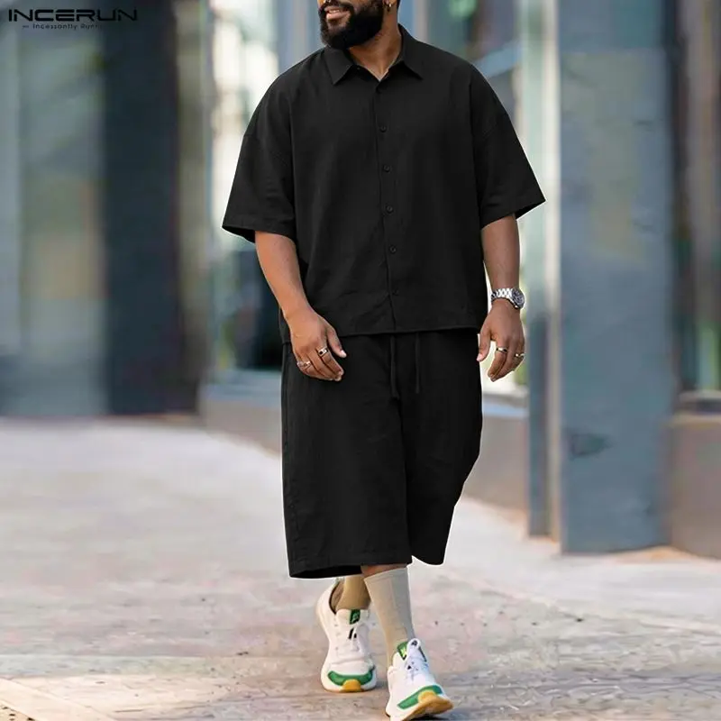 INCERUN 남성 세트 솔리드 라펠 반팔 셔츠 바지  - Mens Fashion Streetwear 리뷰 및 가격