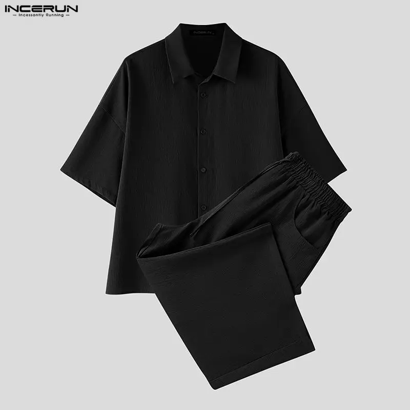 INCERUN 남성 세트 솔리드 라펠 반팔 셔츠 바지  - Mens Fashion Streetwear 리뷰 및 가격