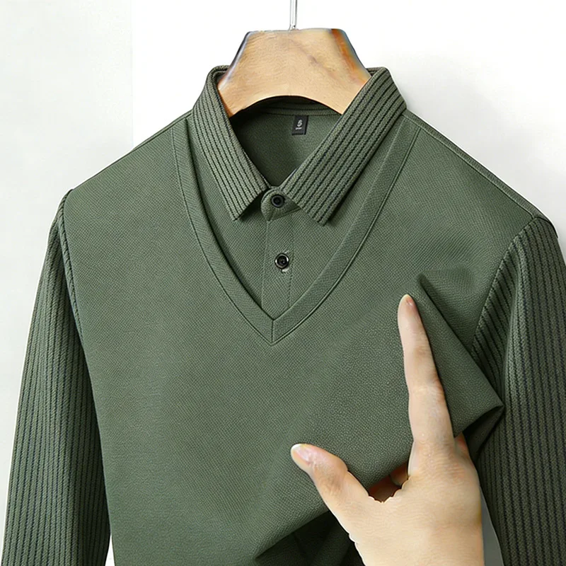 남성용 페이크 투피스 셔츠 칼라 V넥 긴팔 탑 카키 스 - Mens Fashion Casual 리뷰 및 가격