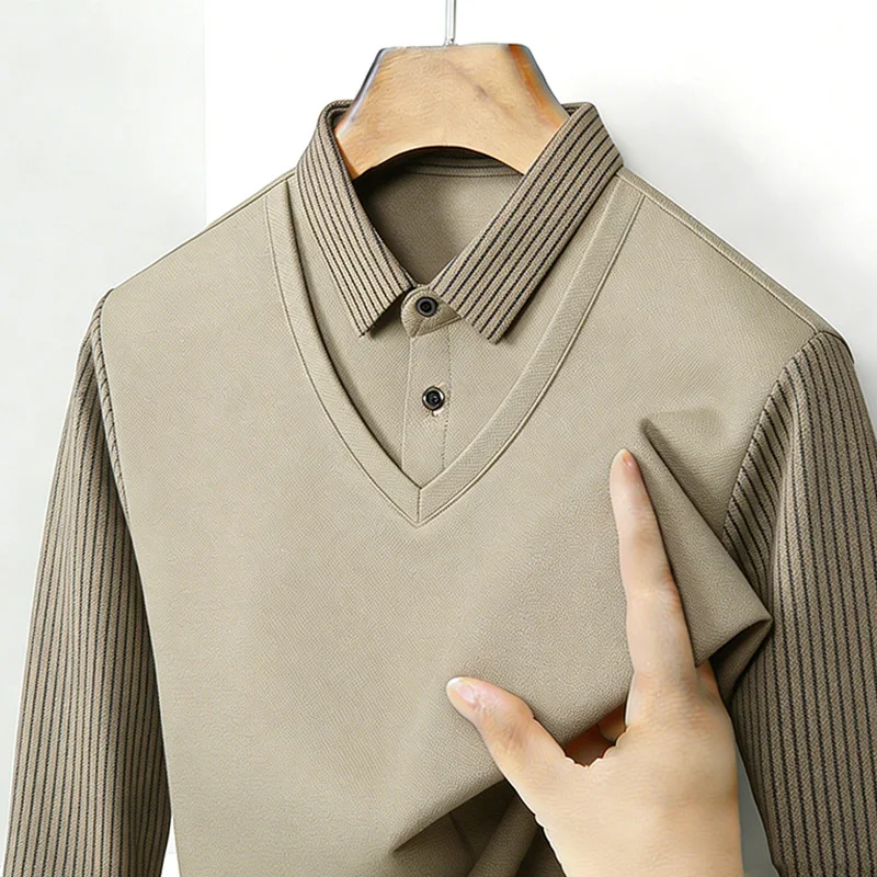 남성용 페이크 투피스 셔츠 칼라 V넥 긴팔 탑 카키 스 - Mens Fashion Casual 리뷰 및 가격