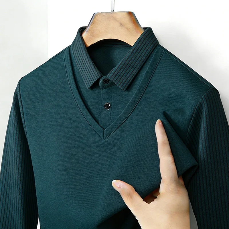 남성용 페이크 투피스 셔츠 칼라 V넥 긴팔 탑 카키 스 - Mens Fashion Casual 리뷰 및 가격