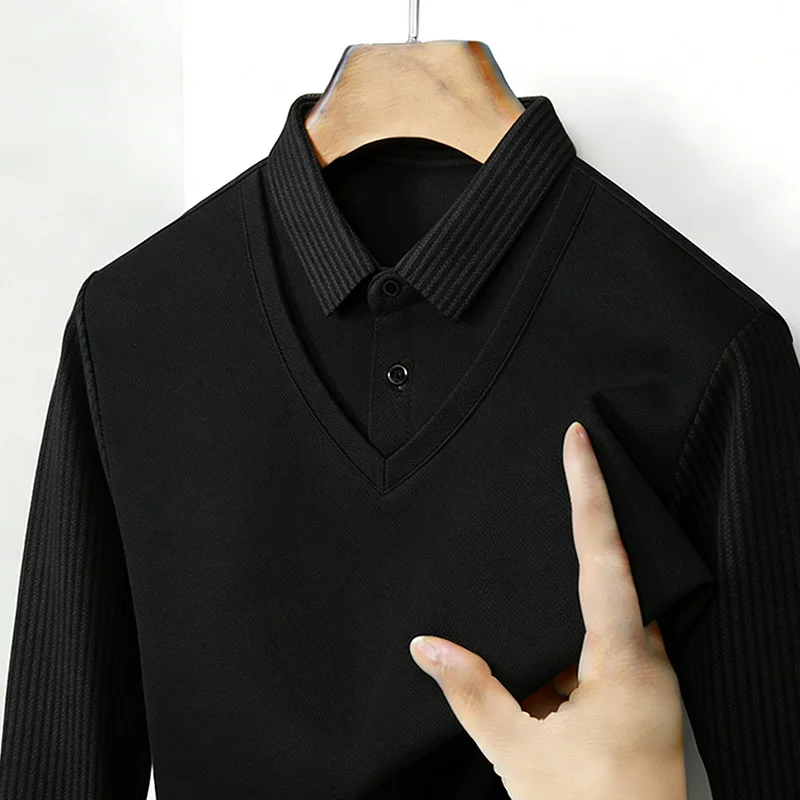 남성용 페이크 투피스 셔츠 칼라 V넥 긴팔 탑 카키 스 - Mens Fashion Casual 리뷰 및 가격
