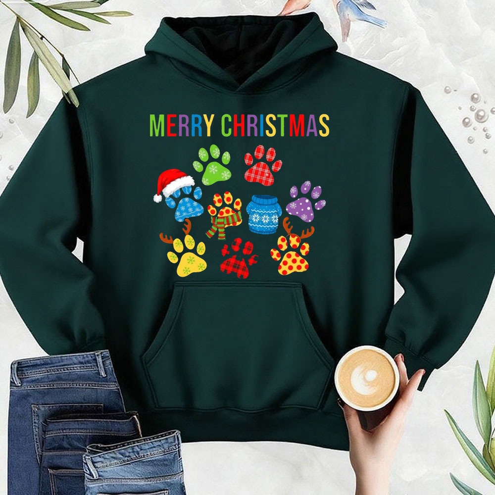 메리 크리스마스 스웨트셔츠 프린트된 개 발바닥 축제 파 - Men'S Fashion Xmas Party 리뷰 및 가격