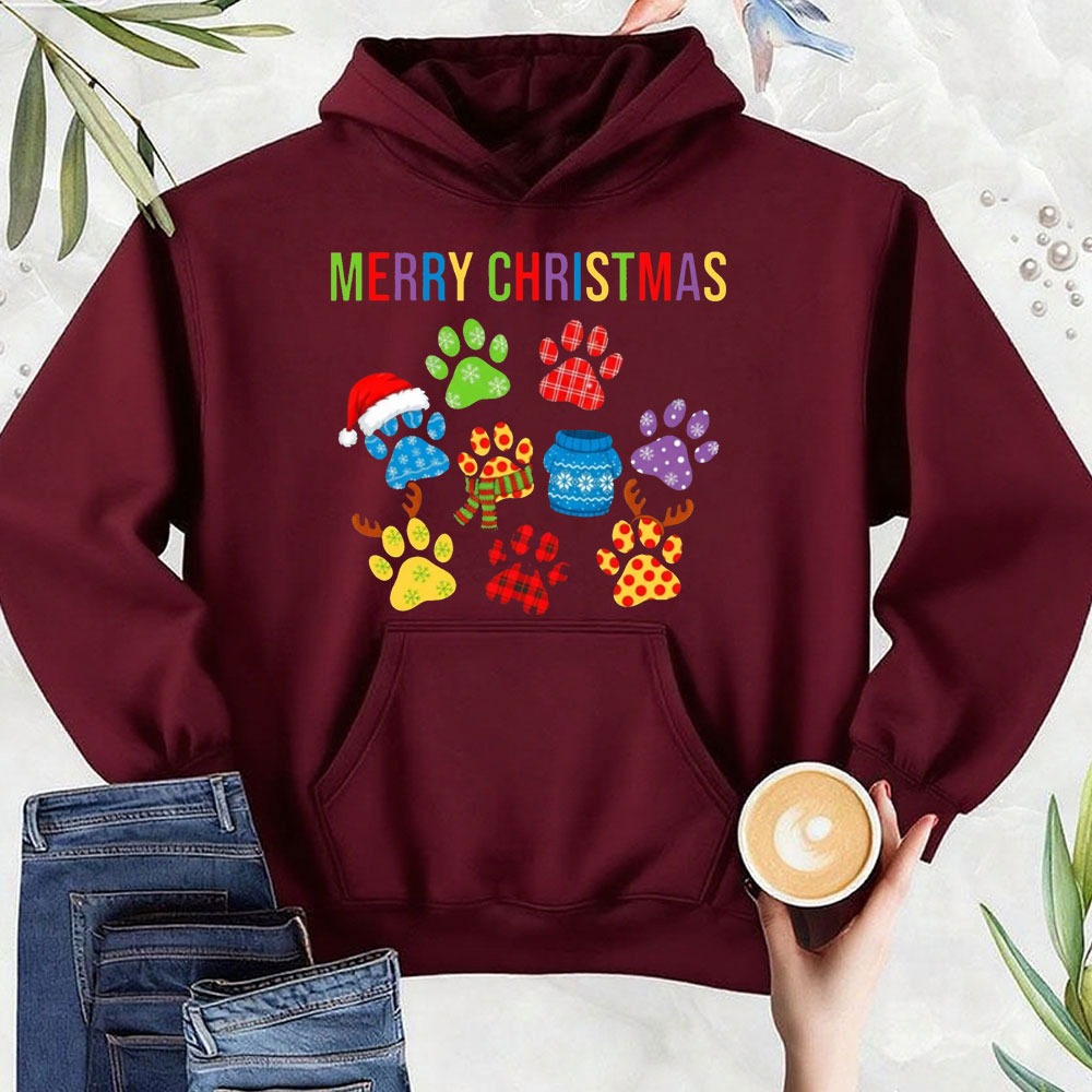 메리 크리스마스 스웨트셔츠 프린트된 개 발바닥 축제 파 - Men'S Fashion Xmas Party 리뷰 및 가격