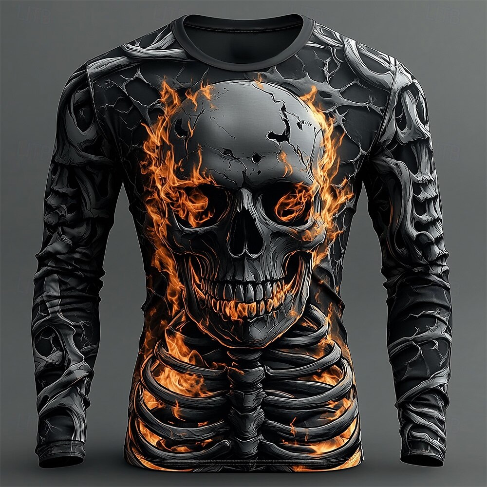 남성용 3D 불꽃 해골 패턴 티셔츠 긴팔 캐주얼 패션  - Mens Fashion Streetwear 리뷰 및 가격
