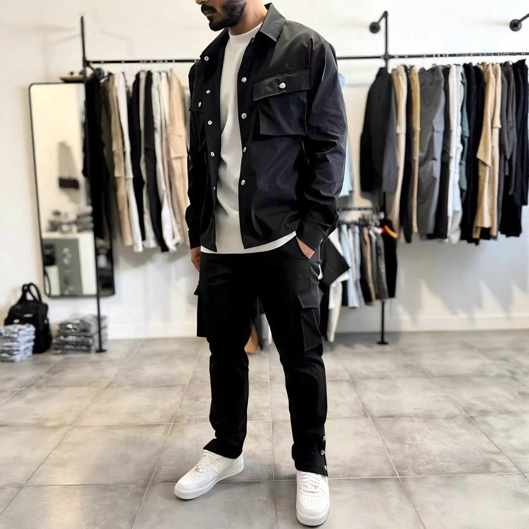 패션 남성 캐주얼 툴링 멀티 포켓 긴팔 재킷 바지 세트 - Jacket Mens Fashion 리뷰 및 가격