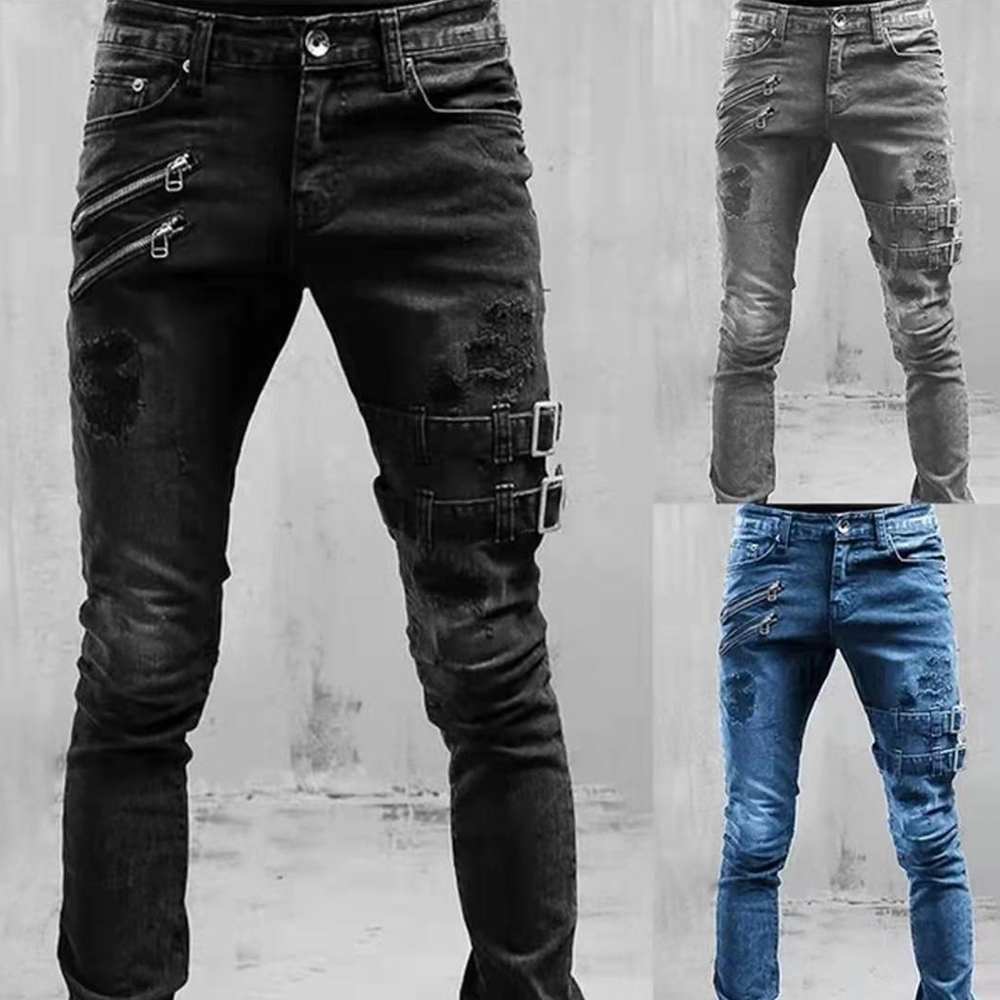 레트로 모토 바이커 스트레이트 탄성 청바지 남성 지퍼  - Skinny Jeans Ripped 리뷰 및 가격