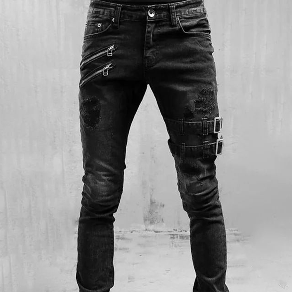레트로 모토 바이커 스트레이트 탄성 청바지 남성 지퍼  - Skinny Jeans Ripped 리뷰 및 가격