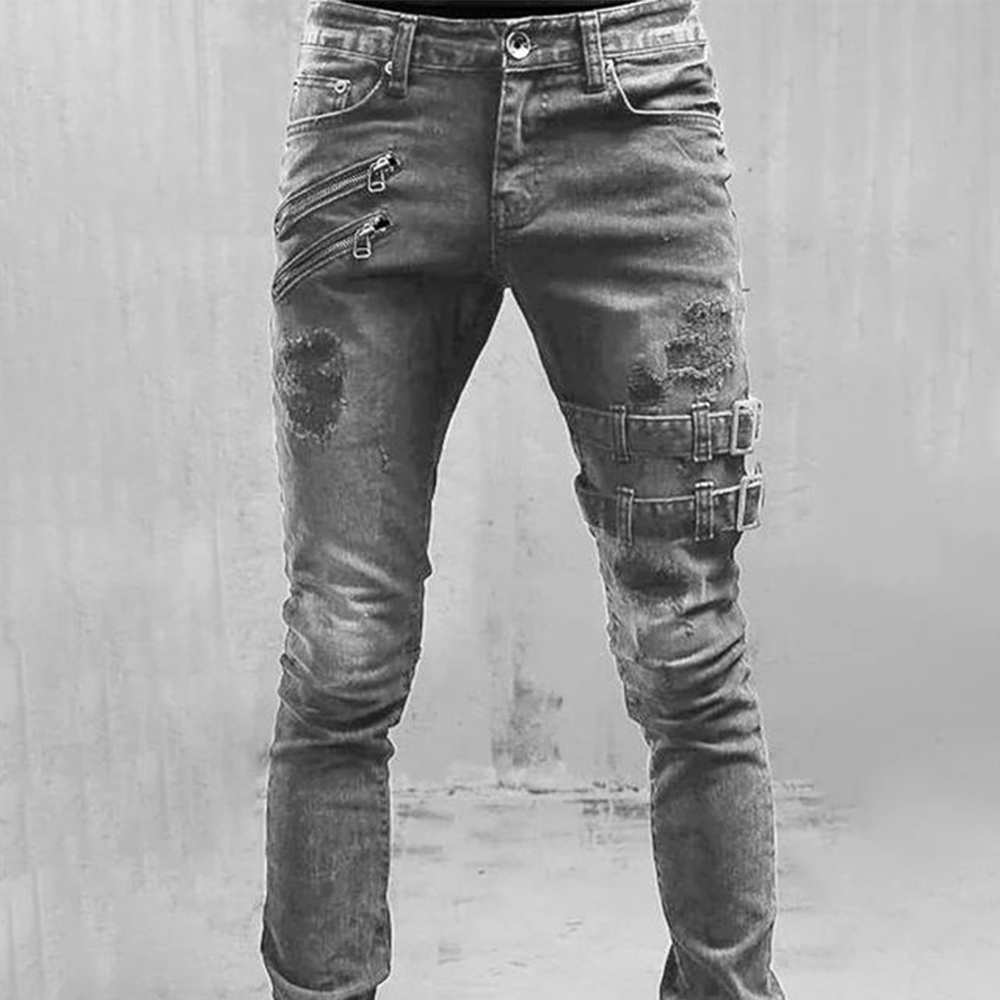 레트로 모토 바이커 스트레이트 탄성 청바지 남성 지퍼  - Skinny Jeans Ripped 리뷰 및 가격